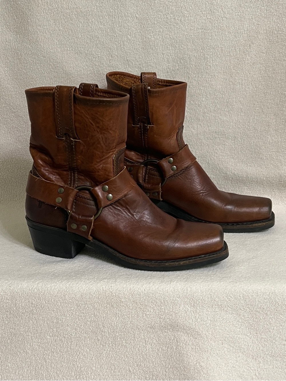Frye Harness Boots Women’s 8 M Cognac Brown Leather USA Made Motorcycle Cowgirl